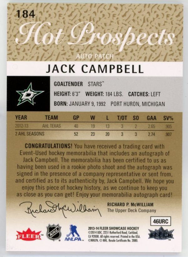 Jack Campbell 2013-14 Fleer Showcase Hot Prospects Patch Auto /375 #184