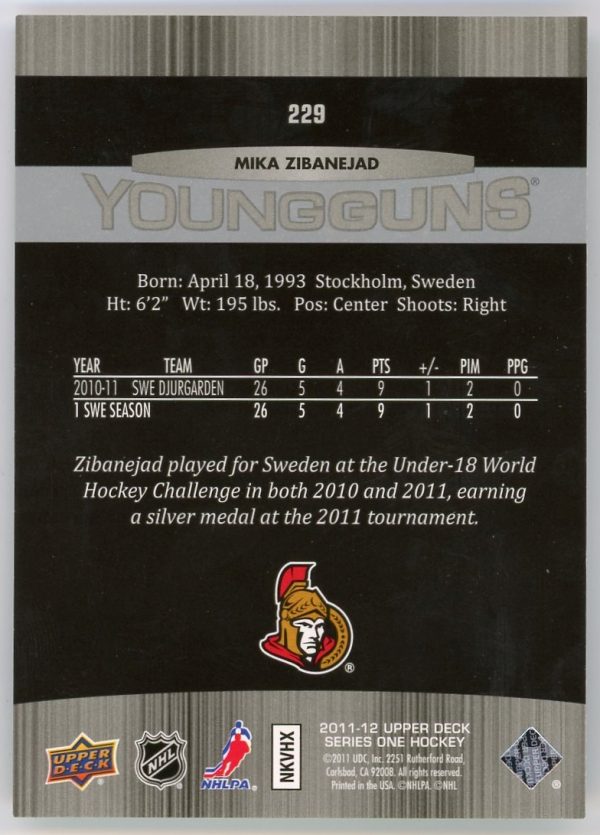 2011-12 Mika Zibanejad Senators UD Young Guns Rookie Card #229