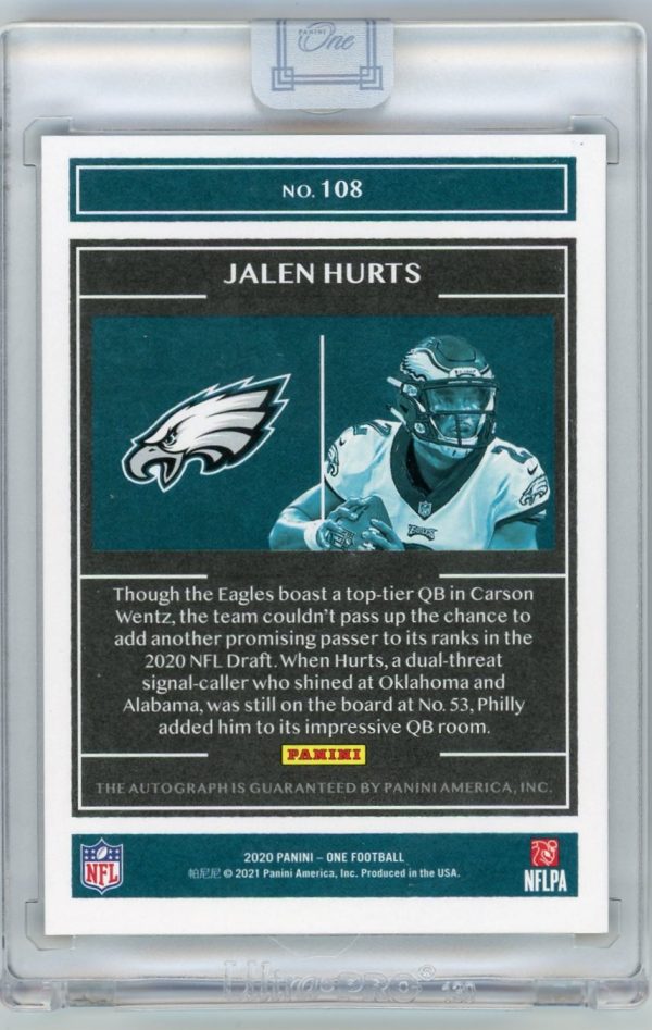 Jalen Hurts Eagles Panini 2020 Rookie Autographed Card #108 11/75