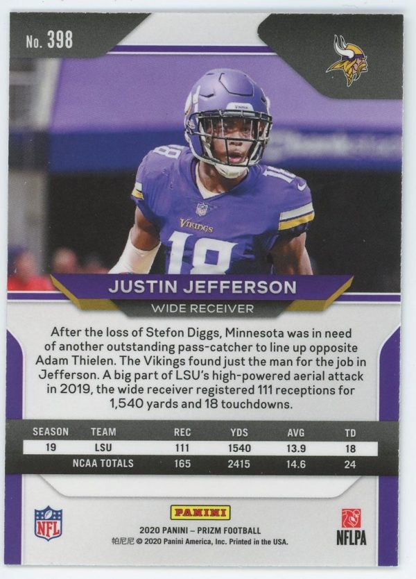 Justin Jefferson Vikings Panini Prizm 2020 Rookie Card #398