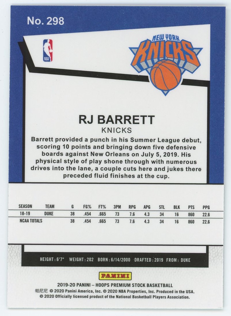 RJ Barrett Knicks 2019-20 Panini Hoops Premium Stock Tribute 