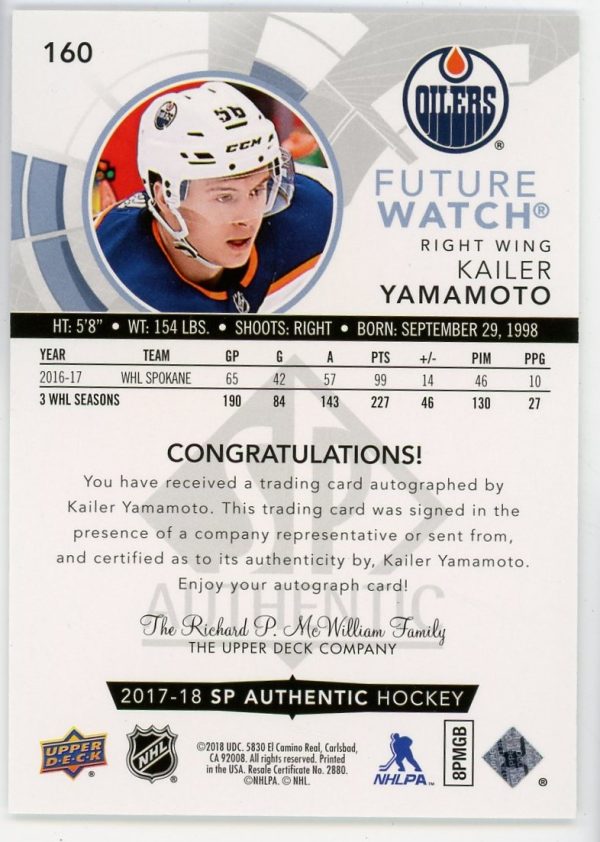 Kailer Yamamoto 2017-18 UD SP Authentic Future Watch /999 #160