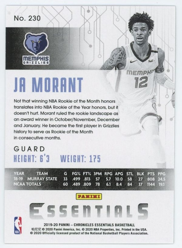 Ja Morant Grizzlies Panini 2019-20 Essentials Rookie Card #230