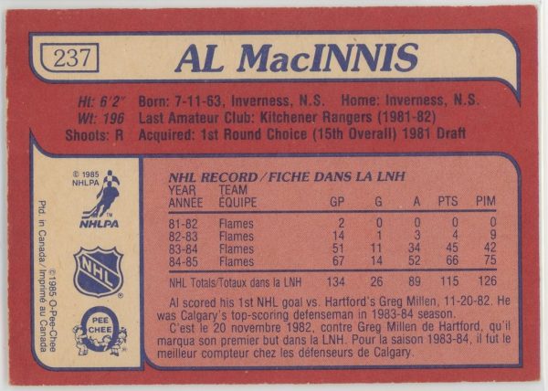 Al MacInnis Flames 1985-86 OPC Rookie Card #237