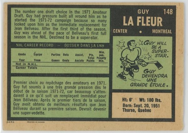 Guy LaFleur Canadiens 1971-72 OPC Rookie Card #148