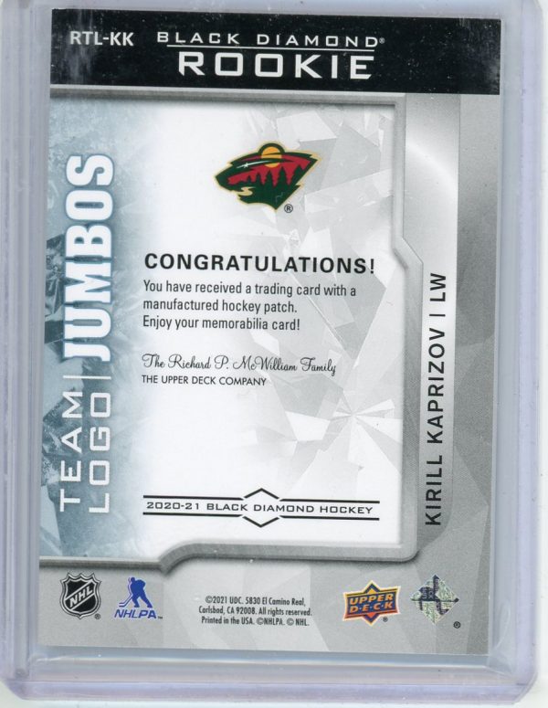 Kirill Kaprizov Wild UD 2020-21 Black Diamond Rookie Team Logo Jumbos Card #RTL-KK