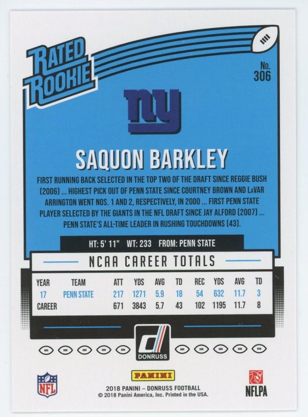 Saquon Barkley Giants Panini Donruss 2018 Rated Rookie Card #306