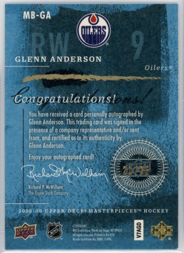 2008-09 Glenn Anderson Oilers UD Masterpieces /25 Auto Card # MB-GA