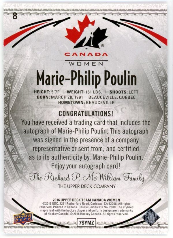 Marie-Philip Poulin 2016 UD Team Canada Juniors Black Autograph #8