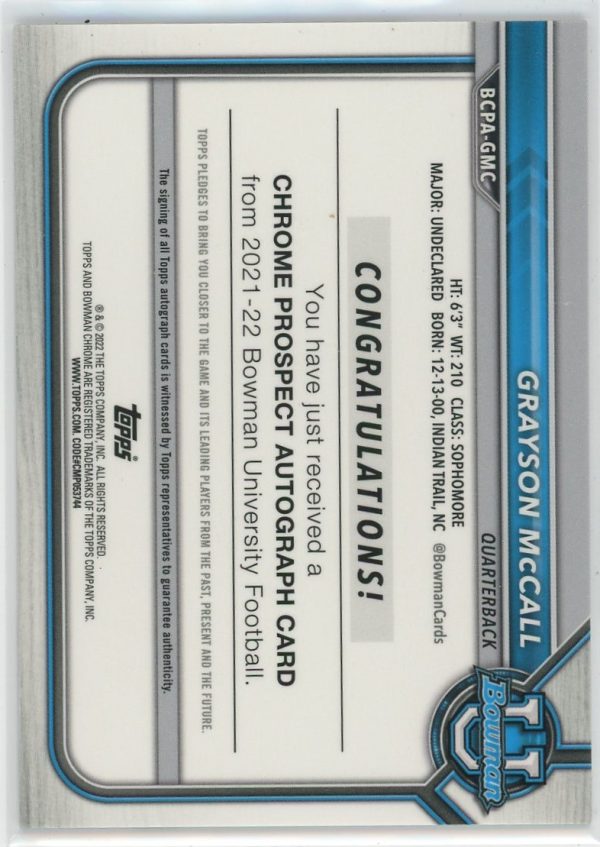 2022 Grayson McCall Bowman University 1st Auto Chrome Card #BCPA-GMC