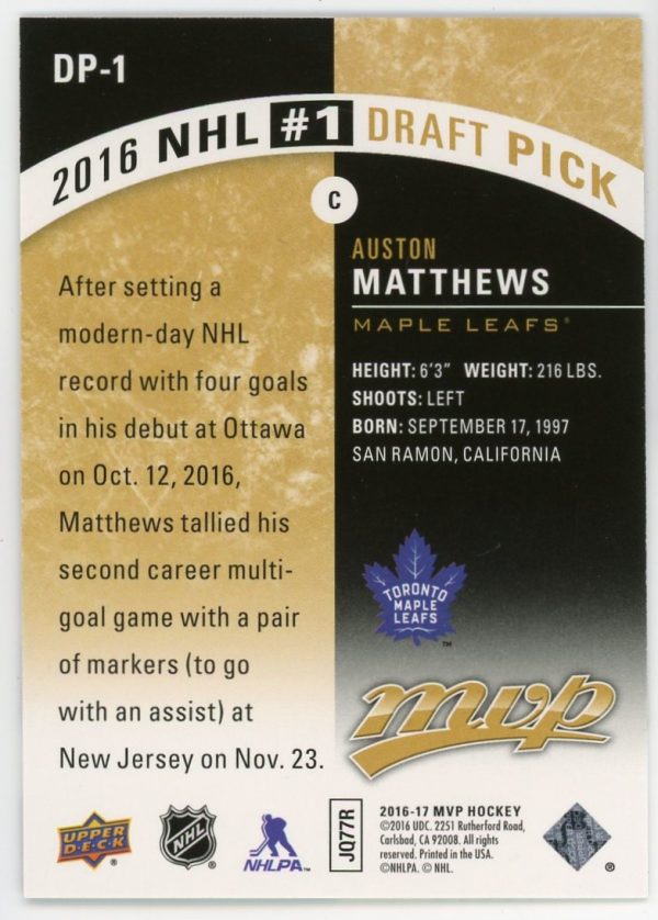 Auston Matthews 2016-17 Upper Deck MVP Draft Pick Redemption SSP DP-1