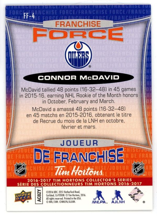 Connor McDavid 2016-17 UD Tim Hortons Franchise Force Card #FF-4