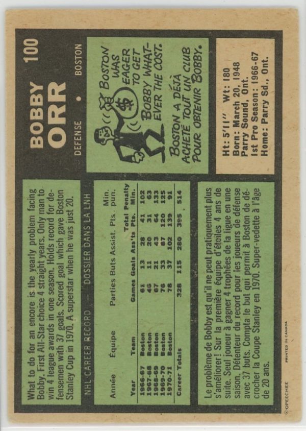 1971-72 Bobby Orr Bruins OPC Card #100