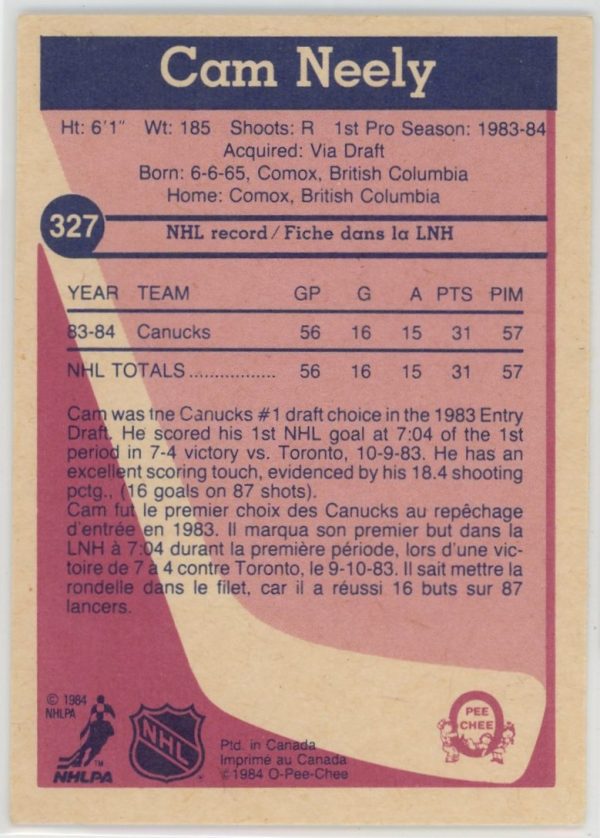 1984-85 Cam Neely Canucks OPC Rookie Card #327