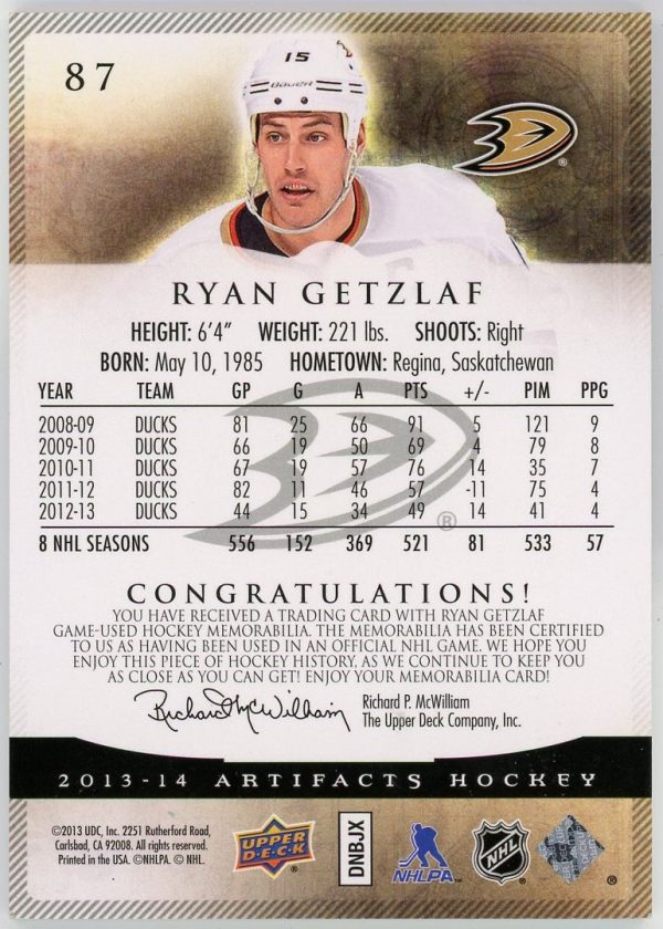 Ryan Getzlaf 2013-14 Upper Deck Artifacts Gold Dual Patch /15 #87
