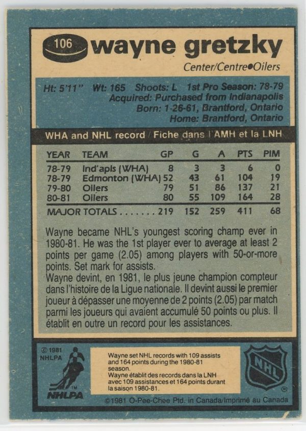 Wayne Gretzky Oilers OPC 1981-82 Card #106