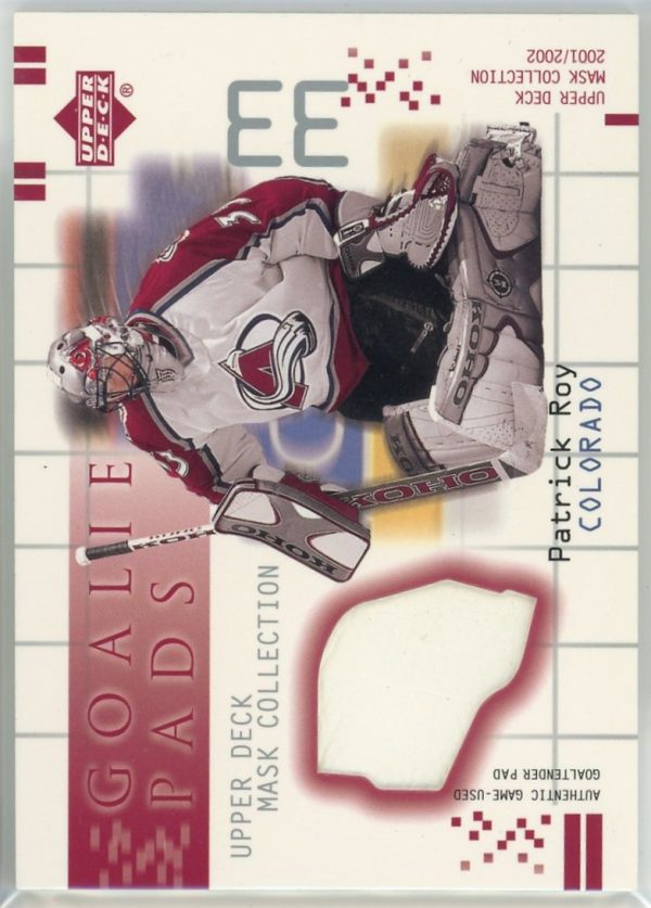 Patrick Roy Avalanche 2001-02 UD Mask Collection Goalie Pads Relic Card #GP-PR