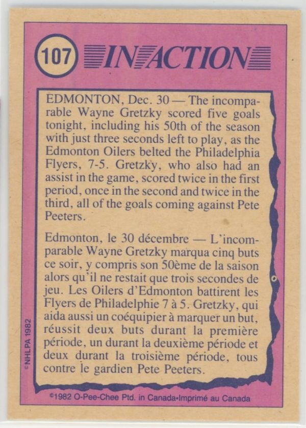 Wayne Gretzky Oilers 1982-83 OPC In Action Card #107