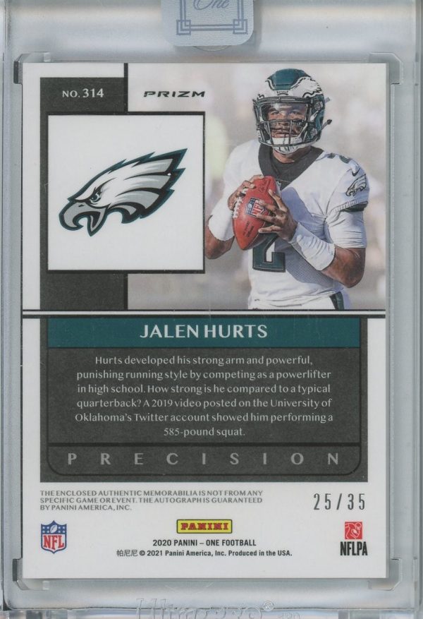 Jalen Hurts Eagles Panini Prizm 2020 Autographed Rookie Card #314 25/35