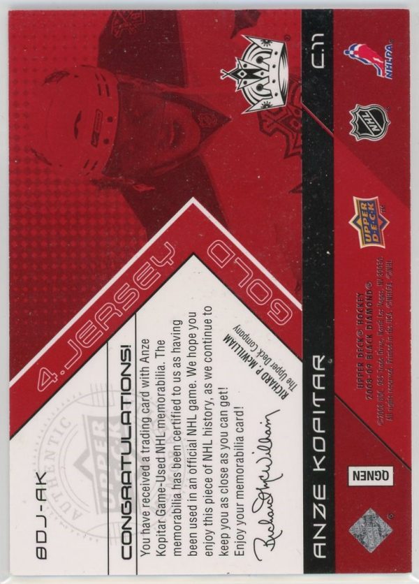 2008-09 Anze Kopitar Kings UD Black Diamond Red Quad Patch /100 Card #BDJ-AK