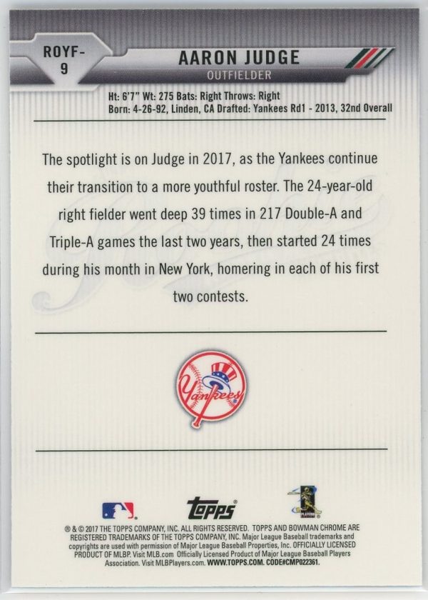 2017 Aaron Judge Yankees Topps Bowman Chrome Rookie Card #ROYF-9