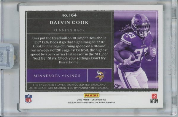 Dalvin Cook Vikings Panini One 2019 Autographed Card #164 09/10