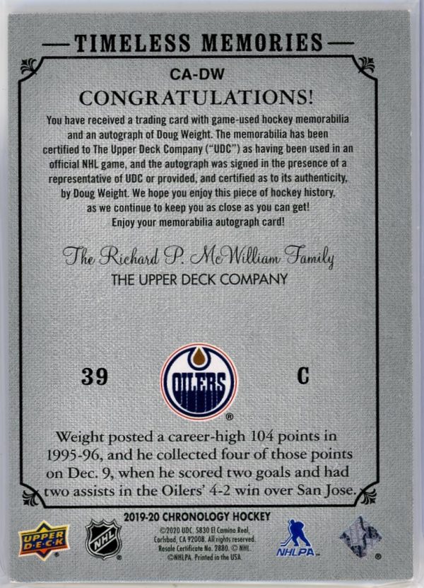 2019-20 Doug Weight Oilers UD Chronology Patch Auto Card # CA-DW