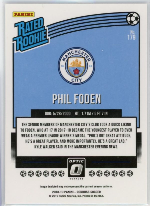 2018-19 Phil Foden Manchester City Panini Optic Rated Rookie Card #179
