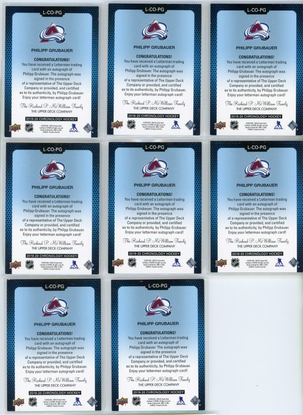 2019-20 Philipp Grubauer Avalanche UD Chronology Letterman Complete Set Autographed /25 (All 8 Letters) Card #L-CO-PG