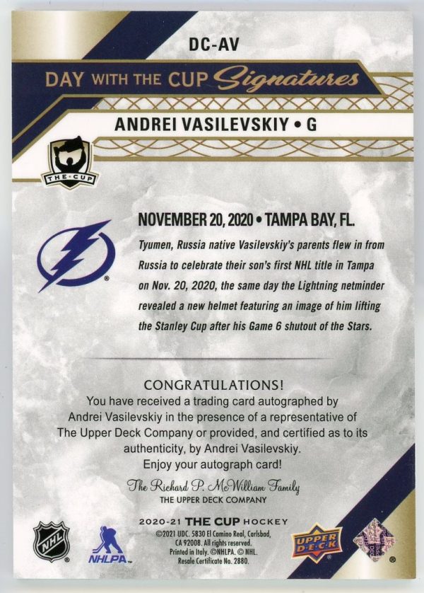 Andrei Vasilevskiy 2020-21 UD The Cup Day With The Cup Signatures DC-AV