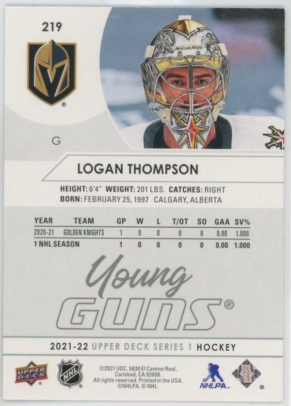 2021-22 Logan Thompson Golden Knights UD Young Guns Rookie Card #219