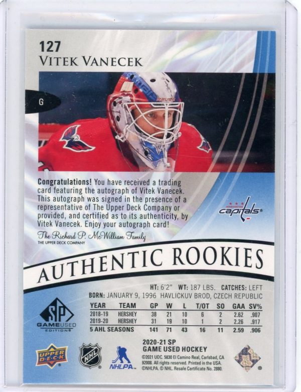 2020-21 Vitek Vanecek Capitals UD SP Authentic Rookies Autographed Card #127