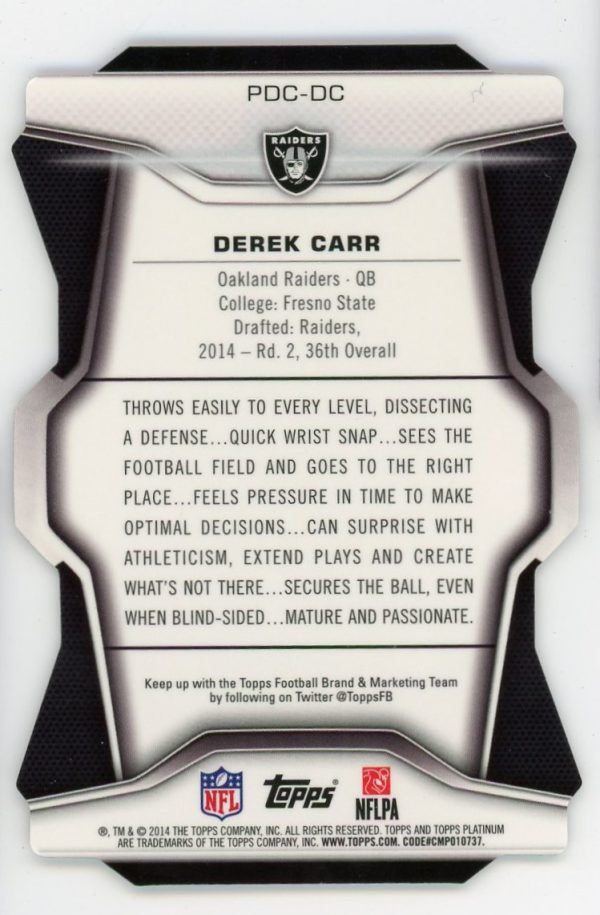 Derek Carr 2014 Topps Platinum Die Cut Rookie Card RDC-DC
