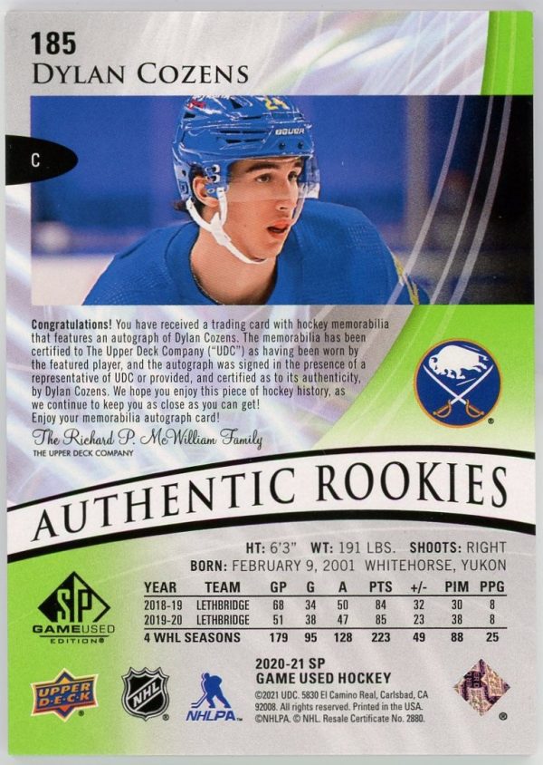 Dylan Cozens 2020-21 UD SP Game Used Authentic Rookies RPA Green /35 #185