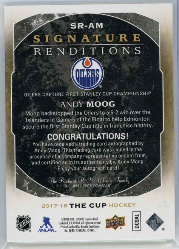 2017-18 Andy Moog Oilers UD The Cup Signature Renditions Auto Card #SR-AM