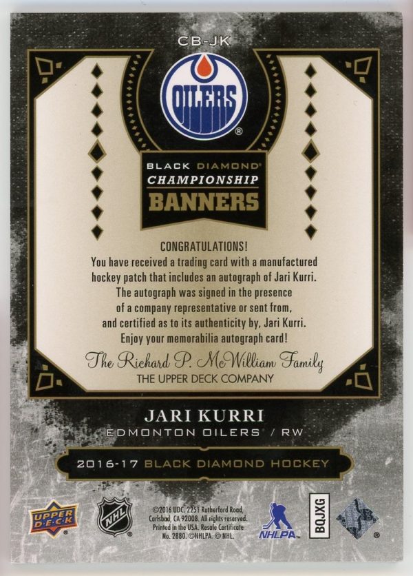 Jari Kurri Oilers 2016-17 UD Black Diamond Championship Banner Auto /99 Card #CB-JK