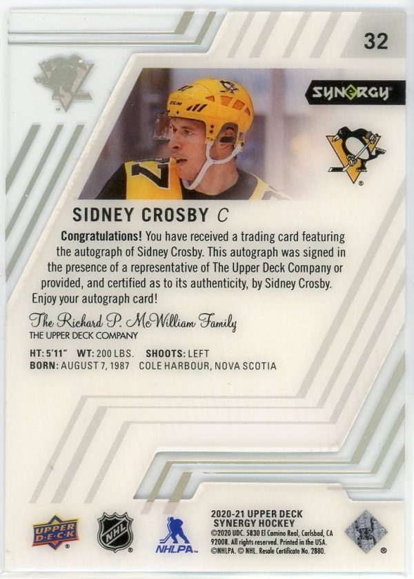 2020-21 Sidney Crosby Penguins UD Synergy 01/21 Acetate Auto Card #32