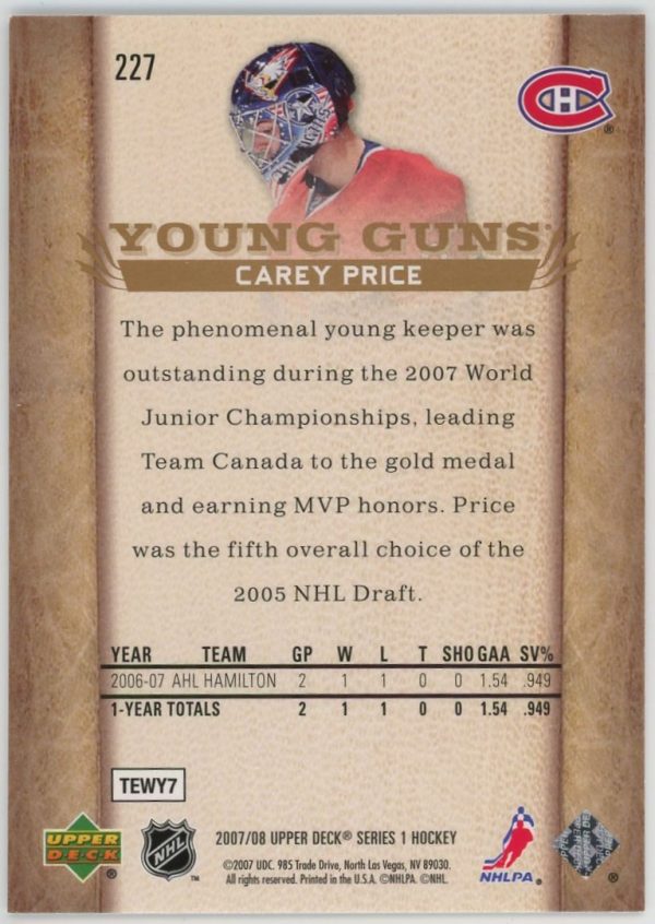 Carey Price Canadiens 2007-08 UD Young Guns Rookie Card #227