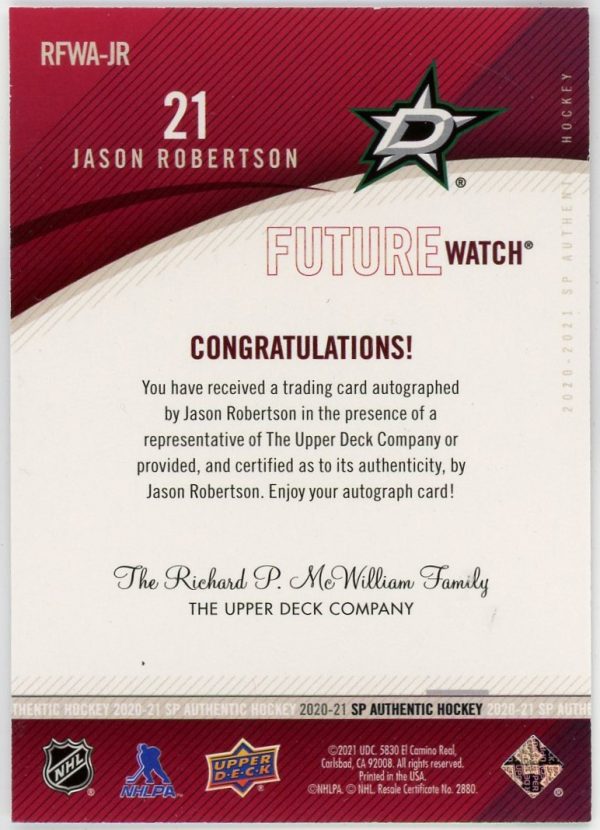 Jason Robertson 2020-21 UD SP Authentic Retro Future Watch /399 #RFWA-JR