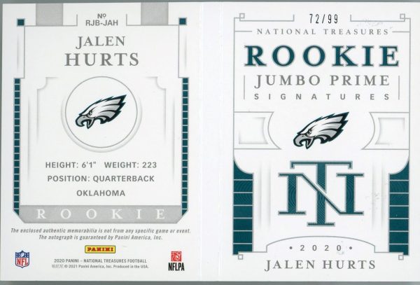 Jalen Hurts Eagles Panini NT 2020 Rookie Card #RJB-JAH 72/99