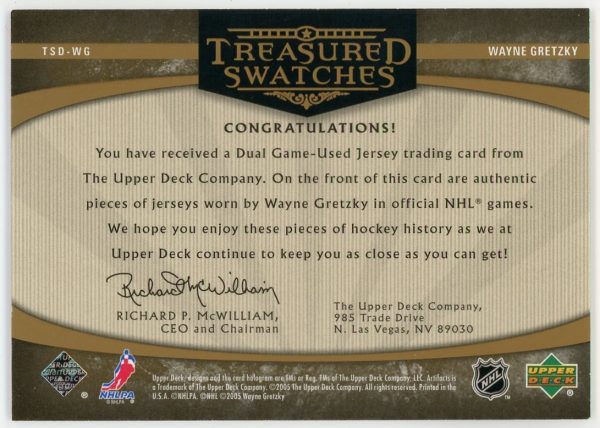 Wayne Gretzky Rangers 2005 UD Artifacts Treasured Swatches /65 Card #TSD-WG