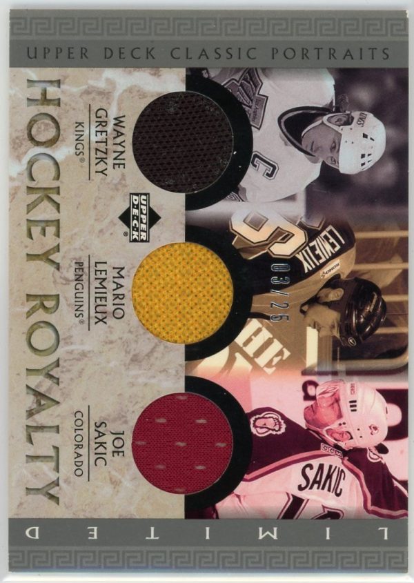 2002-03 Gretzky Lemieux Sakic UD Classic Portraits Limited /25 Jersey Patch Card #GLS