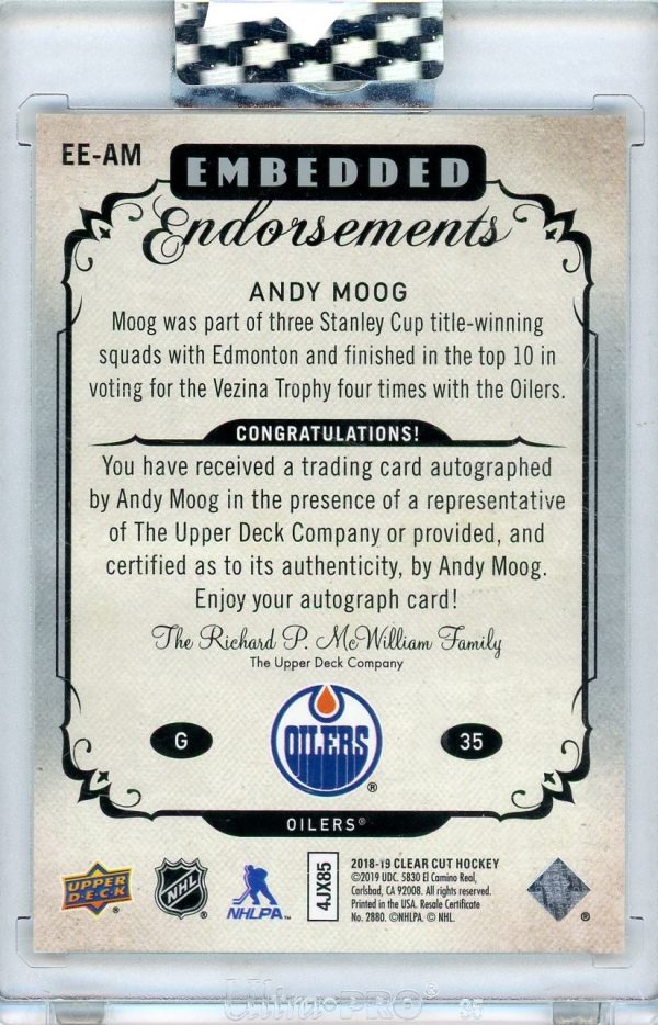 Andy Moog Oilers 2018-19 UD Clear Cut 54/99 Auto Card #EE-AM