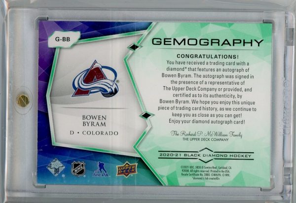 Bowen Byram Avalanche UD 2020-21 Black Diamond Gemography Autographed Card #G-BB 1/5