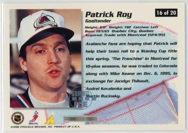 Patrick Roy Avalanche 1995-96 Pinnacle Summit Cool Trade Ice Card #16