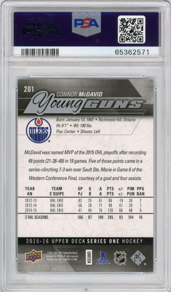 2015-16 Connor McDavid Oilers UD PSA 9 Young Guns Rookie Card #201