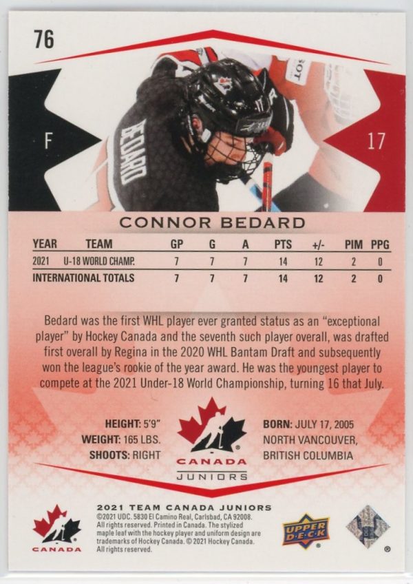Connor Bedard Team 2021 UD Team Canada Juniors Relic Card #32