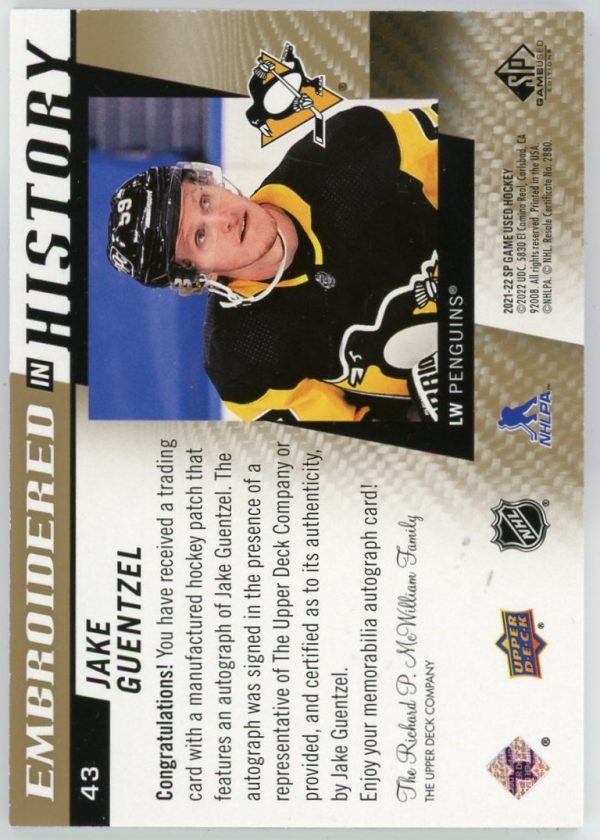 Jake Guentzel 2021-22 UD SP Game Used Embroidered In History /25 #43