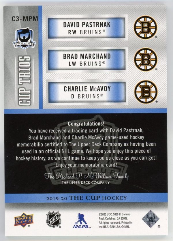 Pastrnak, Marchand, McAvoy 2019-20 The Cup Jersey Patch Trio's #C3-MPM
