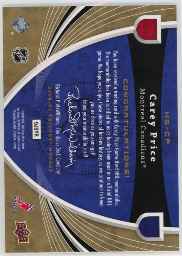 2008-09 Carey Price Canadiens UD Trilogy Honorary Swatches Dual Patch Card #HS-CP
